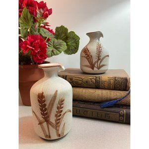 Welsh Studio Ceramic Art Pottery Oil & Vinegar Cruet Set Natural Wheat Pattern S